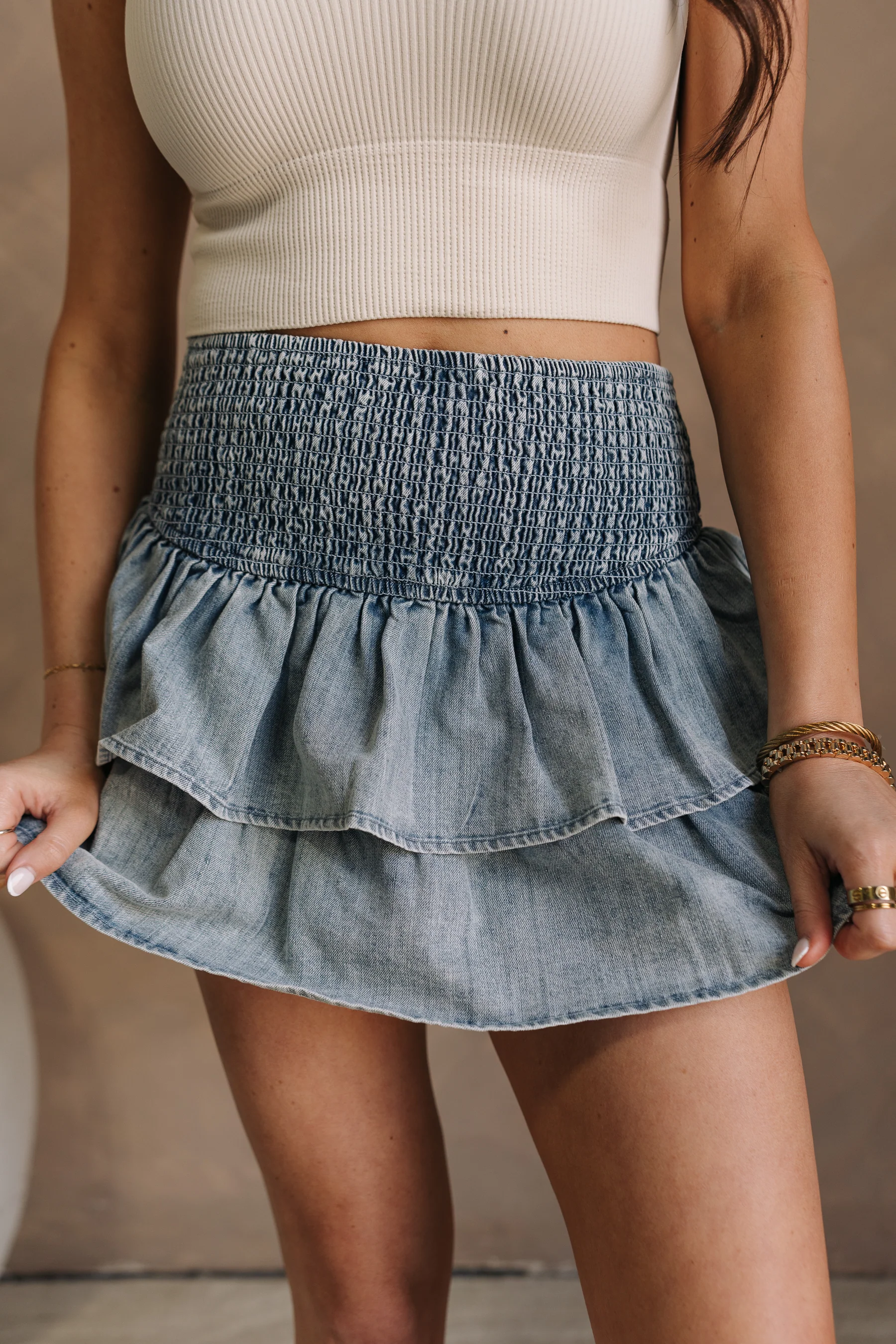 Skylar Light Washed Denim Tiered Skirt - Image 2