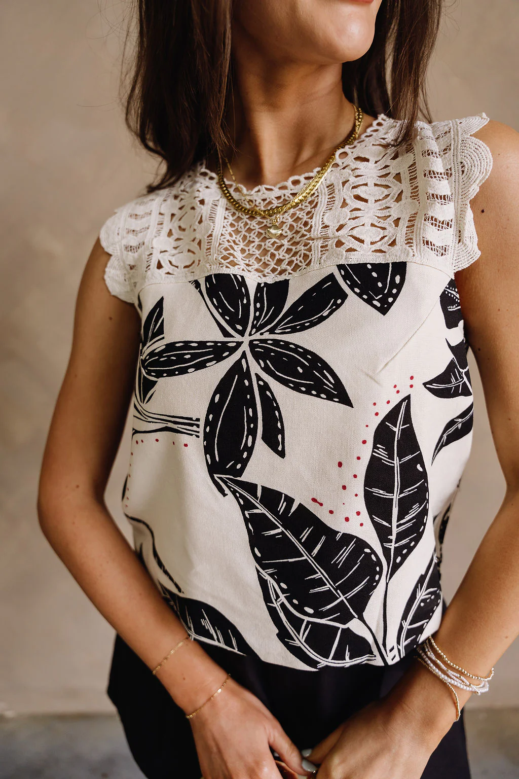 Sloan Cream & Black Floral Crochet Tank