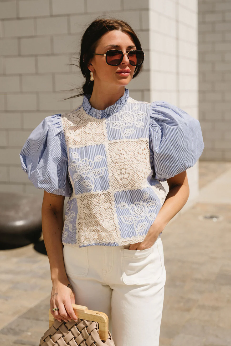 Sloane Blue Stripe & Crochet Puff Sleeve Top - Image 5