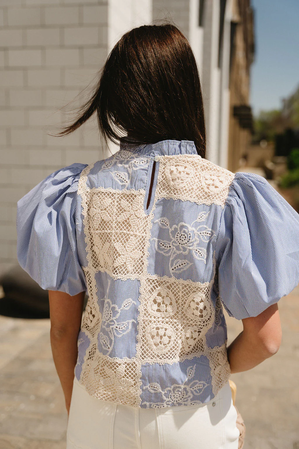 Sloane Blue Stripe & Crochet Puff Sleeve Top - Image 6