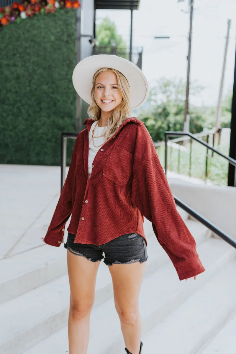 Sloane Corduroy Shacket in Wine - Image 3