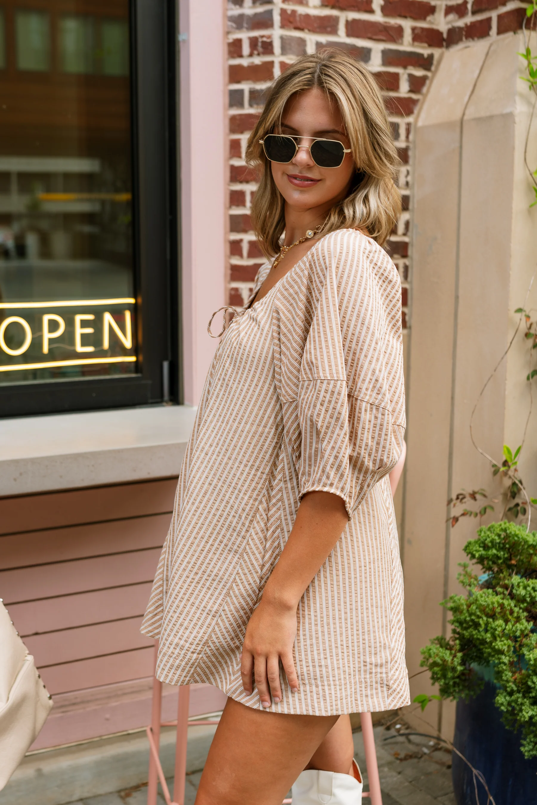Sloane Taupe & White Stripe Short Sleeve Romper - Image 10