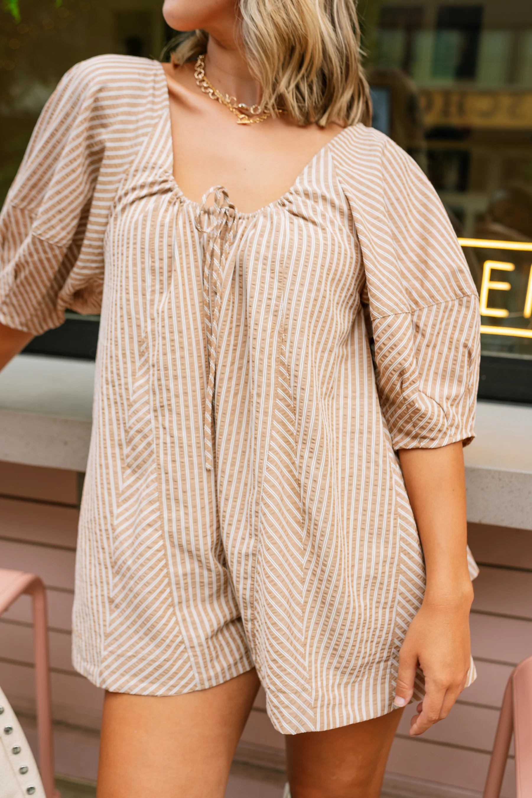 Sloane Taupe & White Stripe Short Sleeve Romper - Image 13