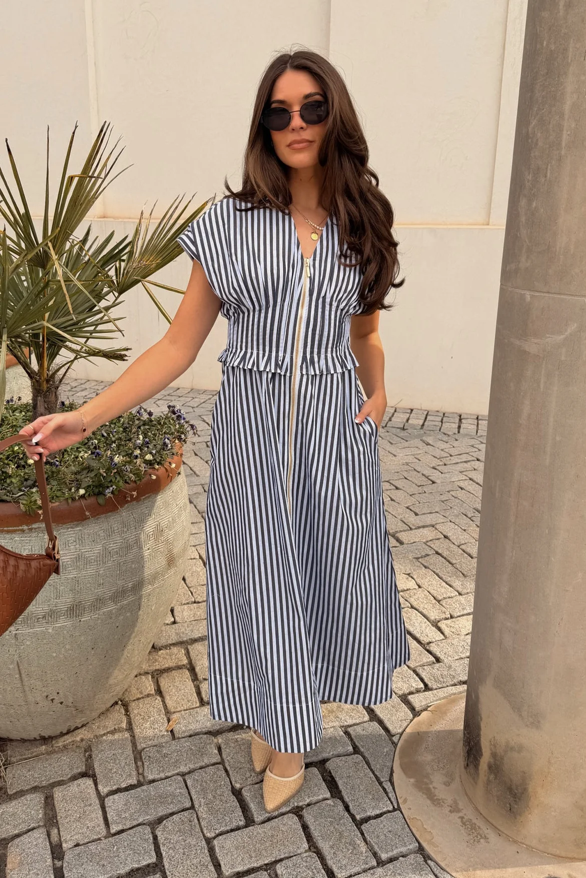 Solana Navy & White Stripe Zip-Up Midi Dress - Image 8