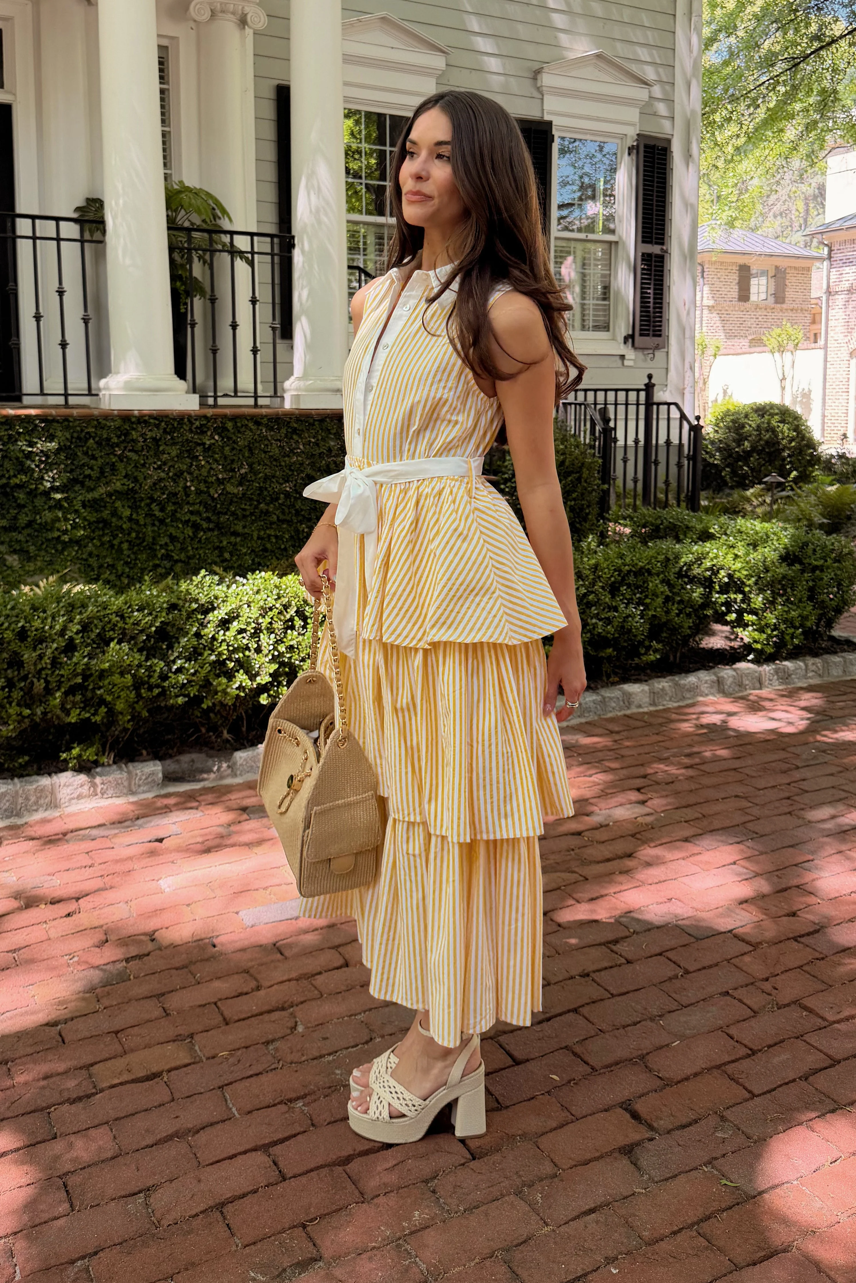Solana Yellow & White Stripe Tiered Midi Dress - Image 2