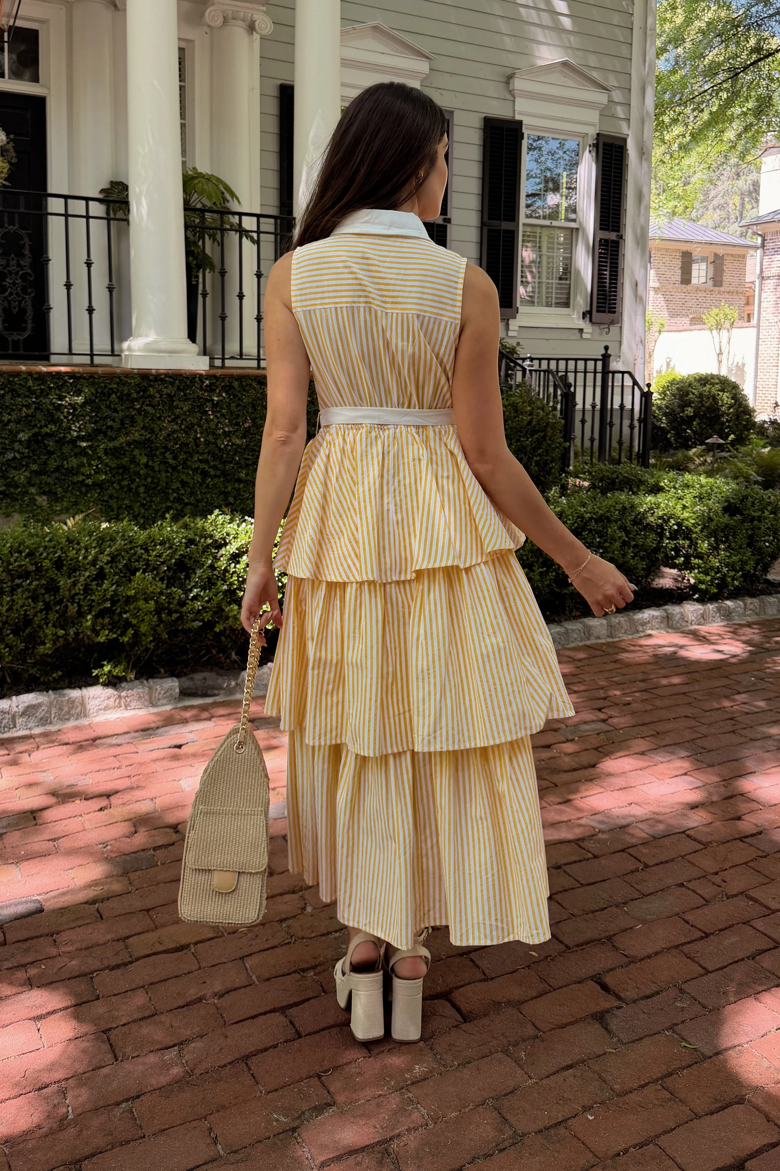 Solana Yellow & White Stripe Tiered Midi Dress - Image 4