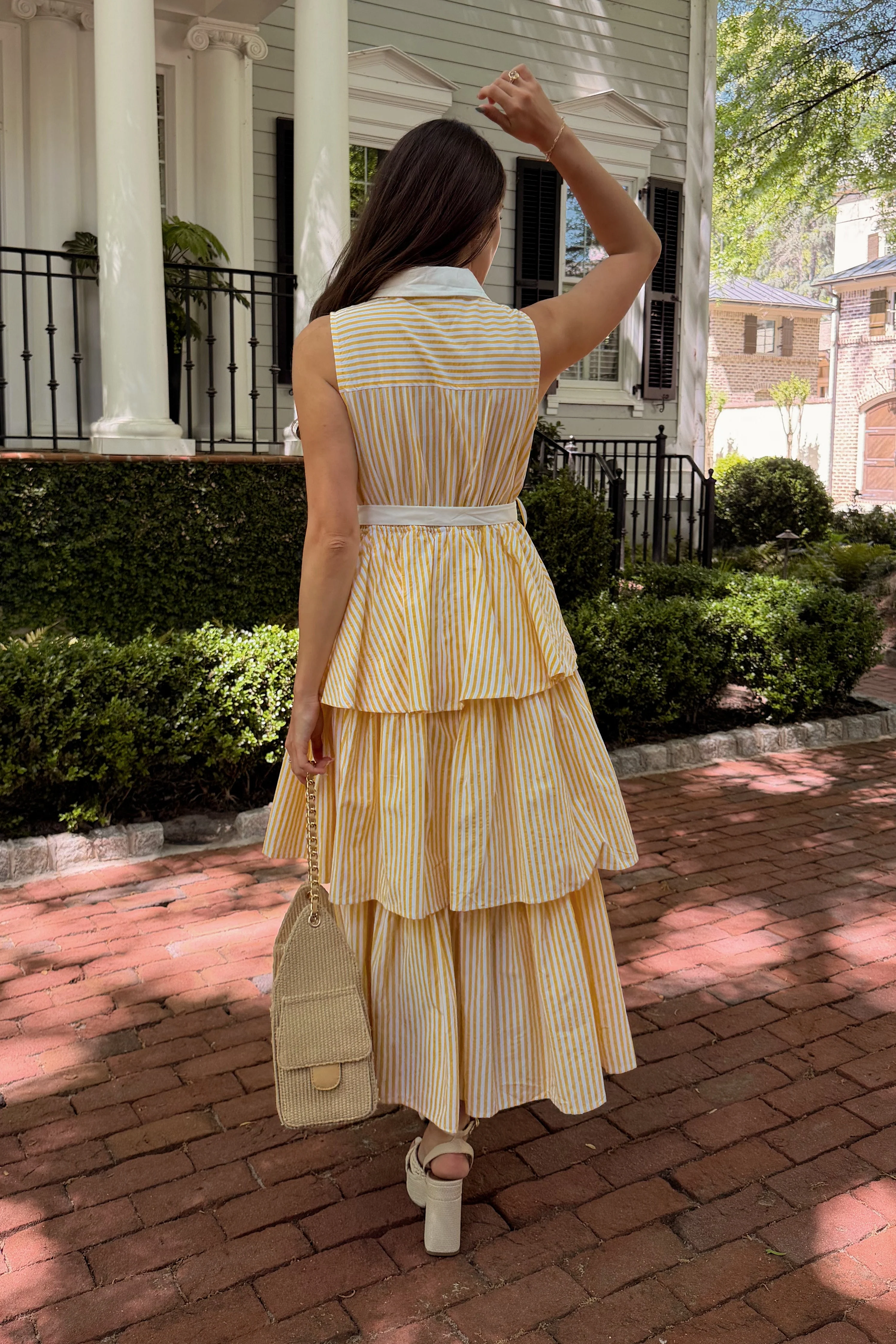 Solana Yellow & White Stripe Tiered Midi Dress - Image 5