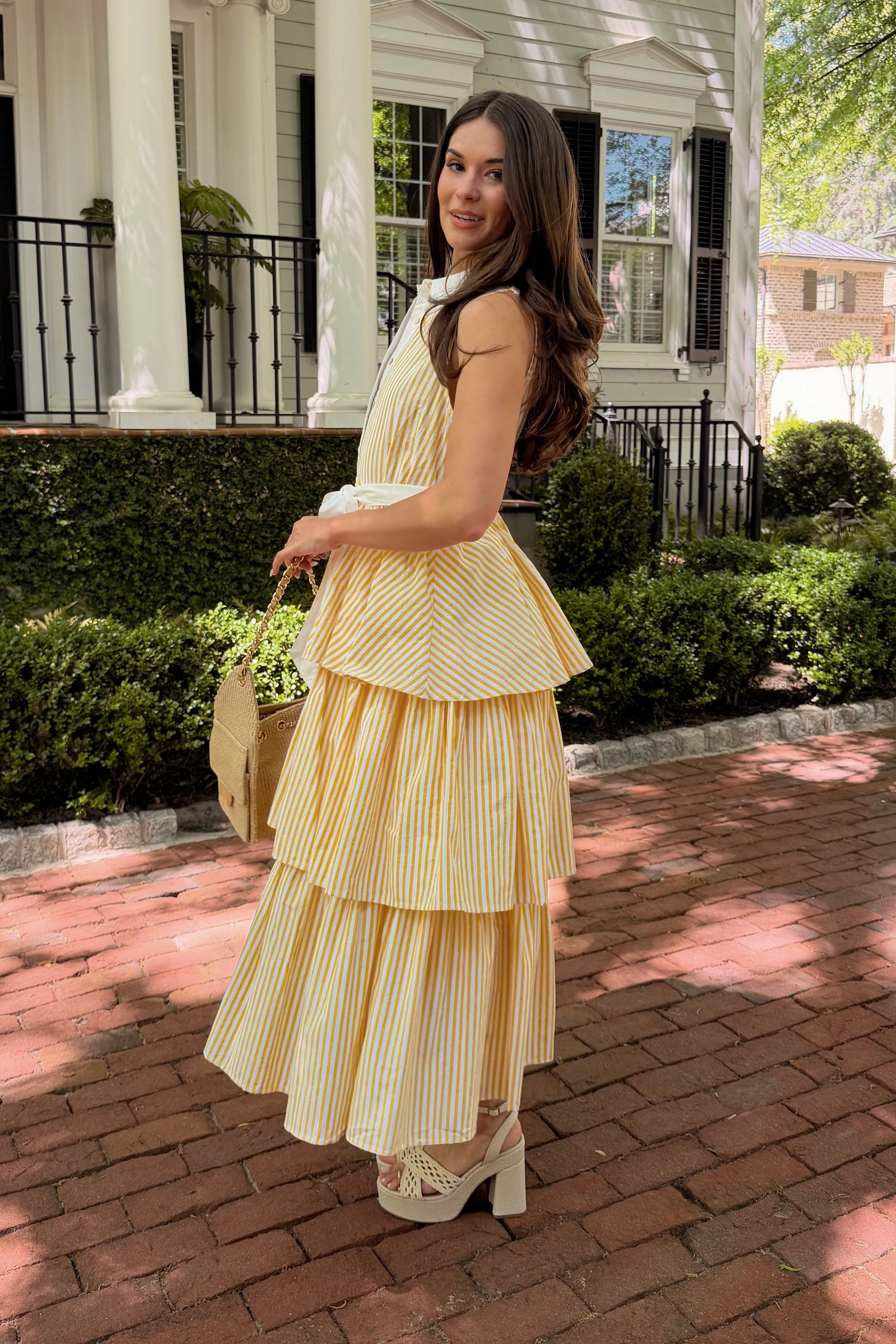 Solana Yellow & White Stripe Tiered Midi Dress - Image 6