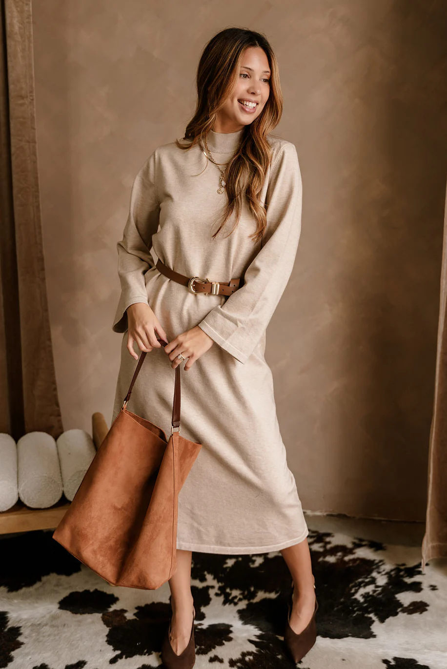 Solene Beige Knit Long Sleeve Midi Dress