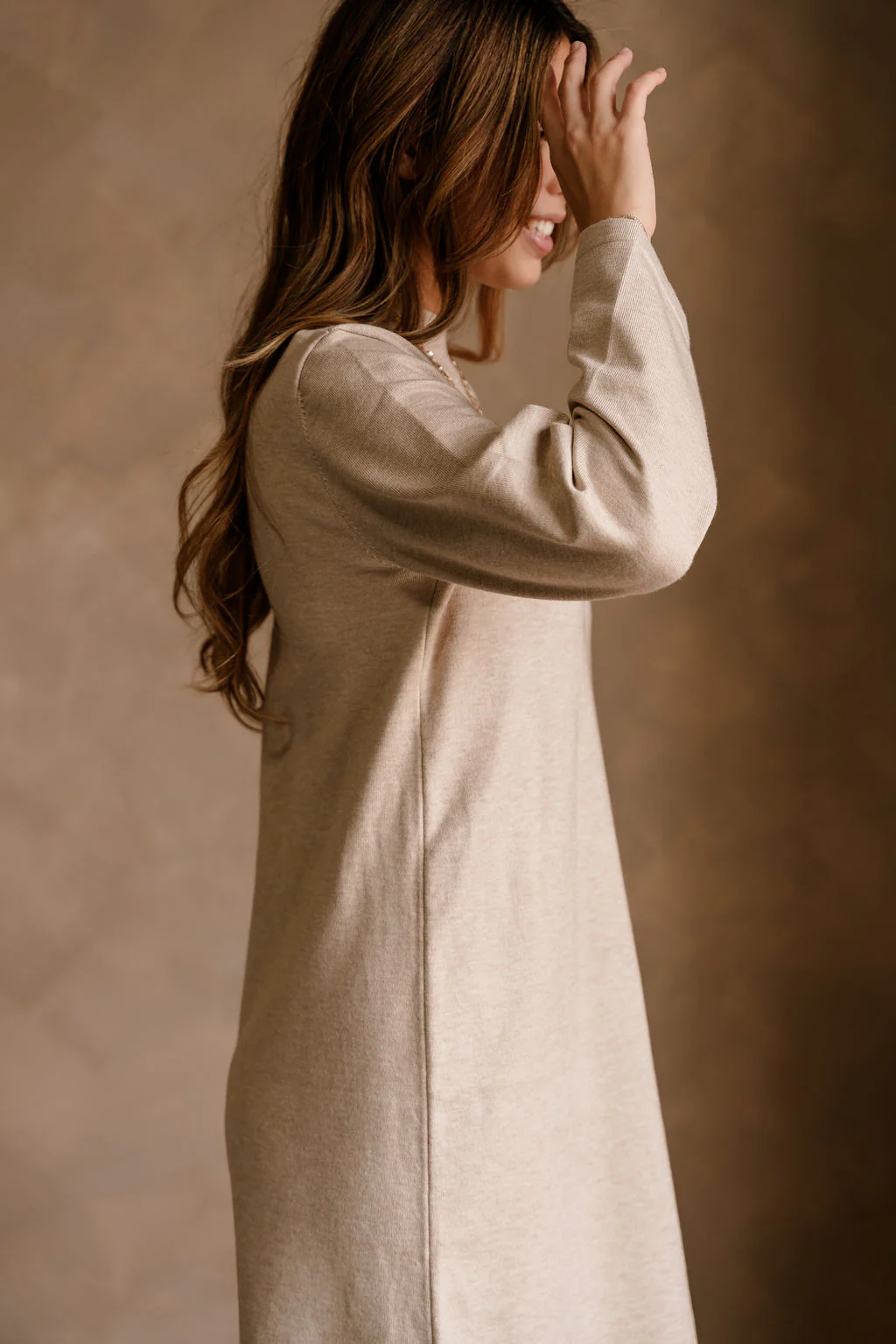Solene Beige Knit Long Sleeve Midi Dress - Image 10