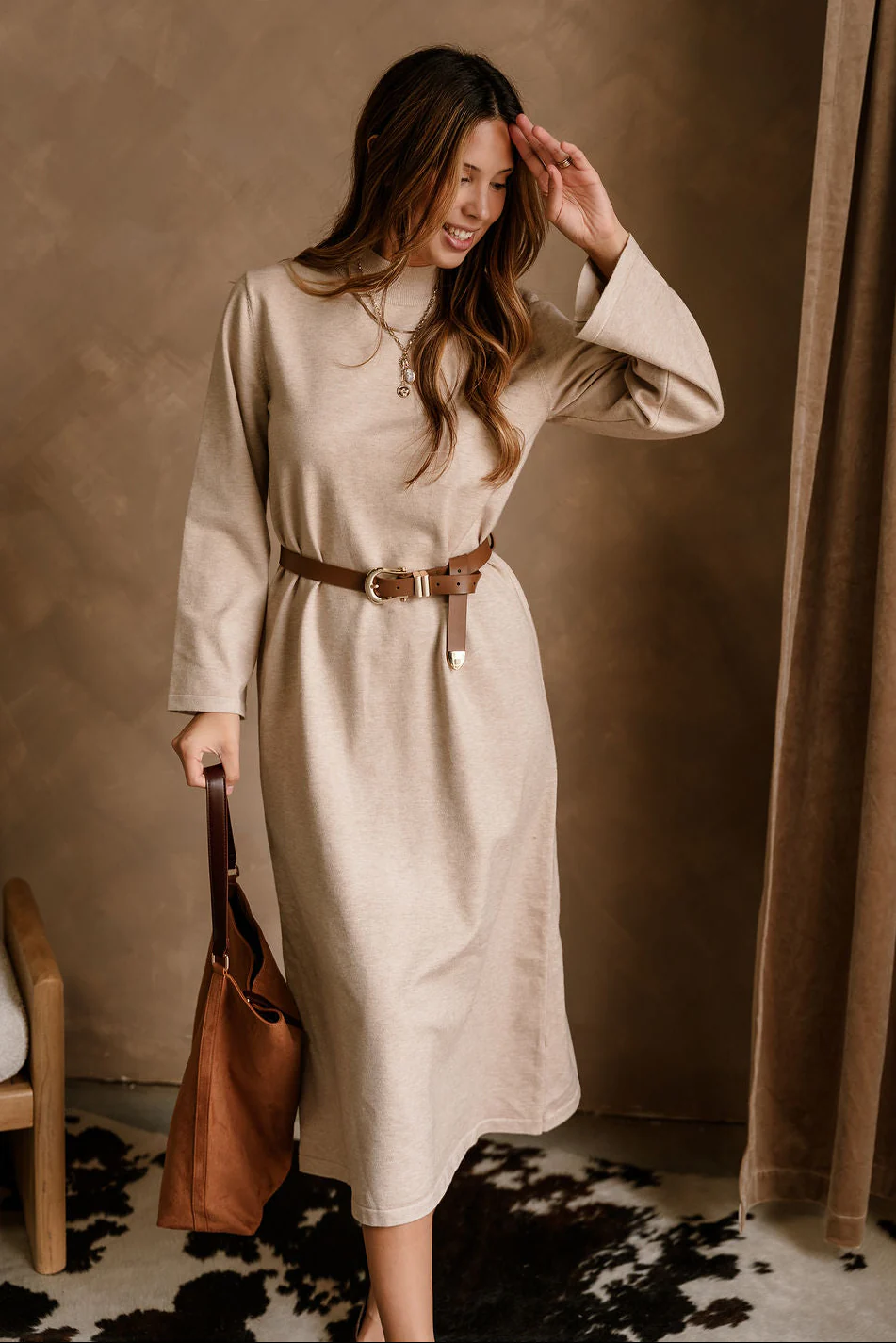 Solene Beige Knit Long Sleeve Midi Dress - Image 2