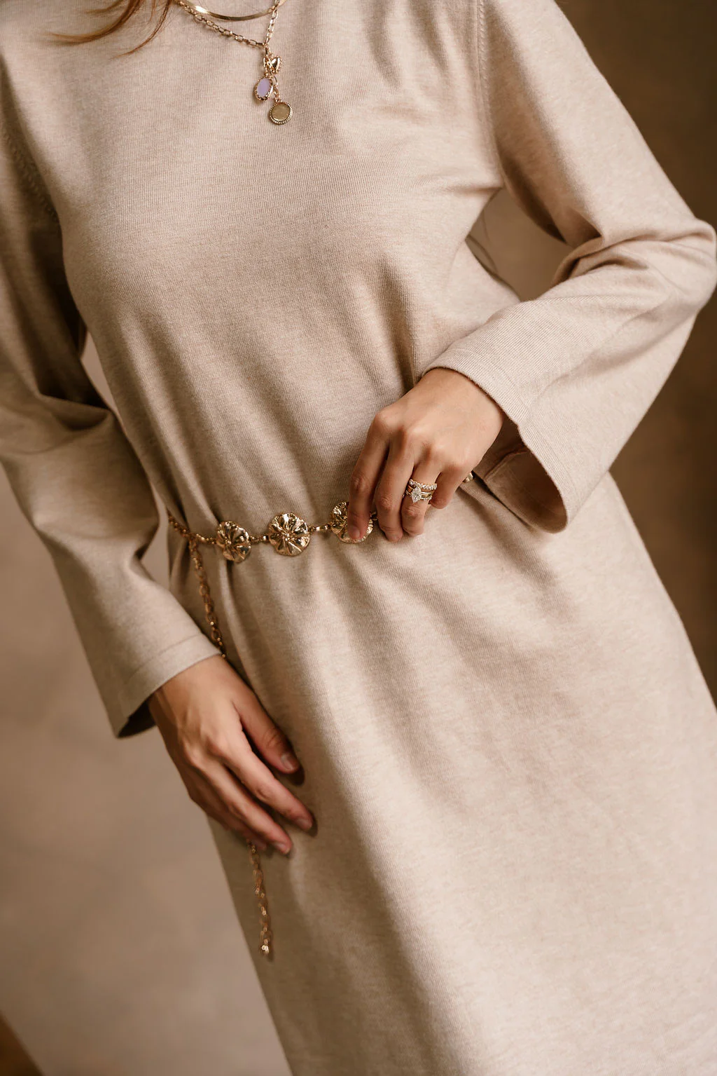 Solene Beige Knit Long Sleeve Midi Dress - Image 4