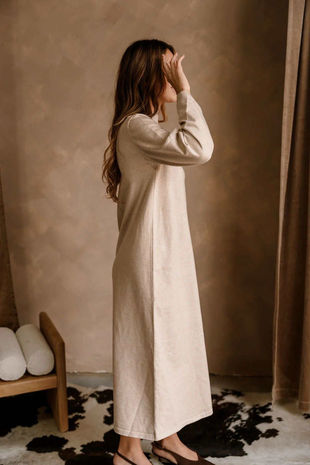 Solene Beige Knit Long Sleeve Midi Dress - Image 6