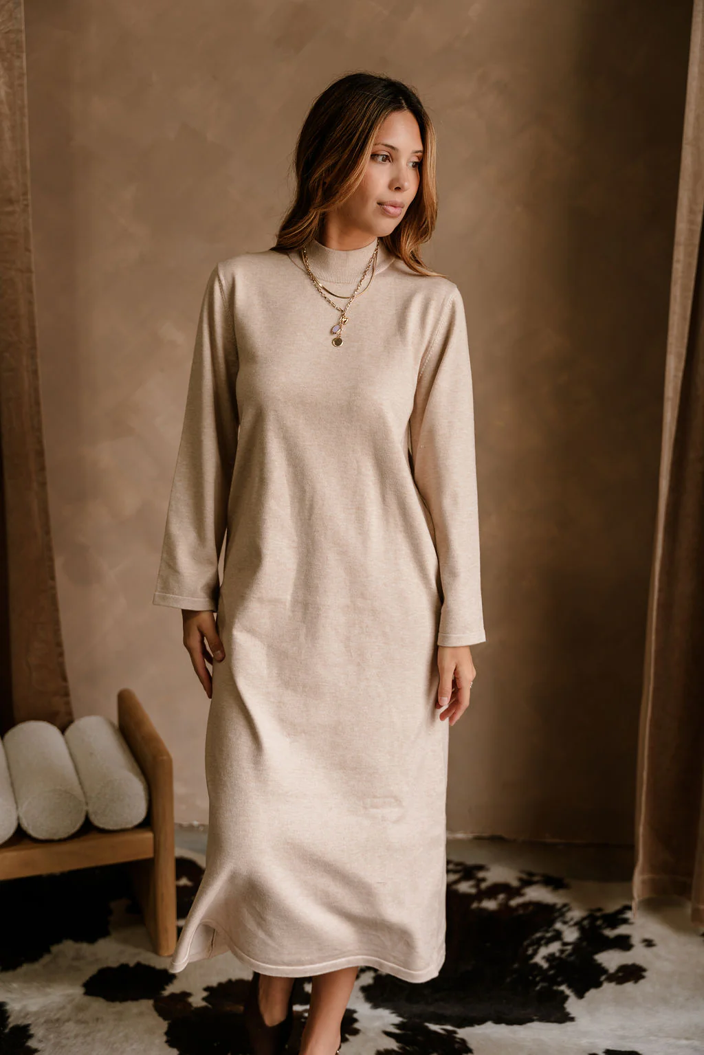 Solene Beige Knit Long Sleeve Midi Dress - Image 7
