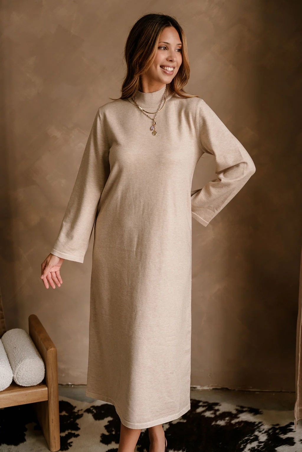 Solene Beige Knit Long Sleeve Midi Dress - Image 8