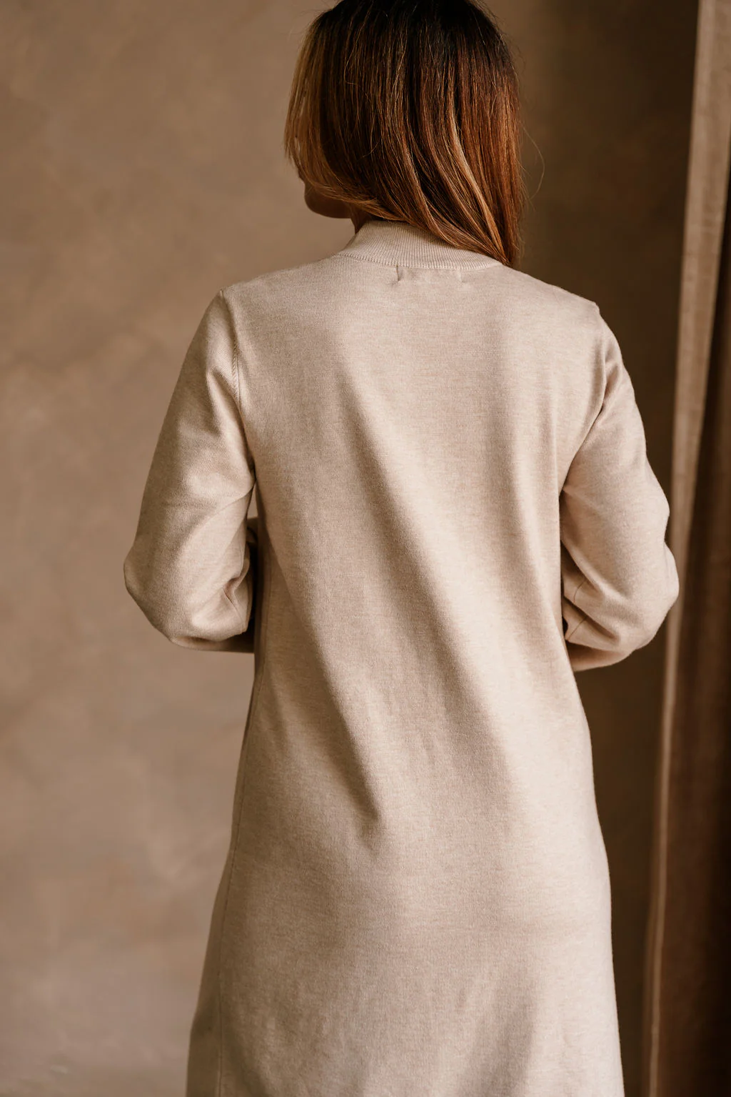 Solene Beige Knit Long Sleeve Midi Dress - Image 9