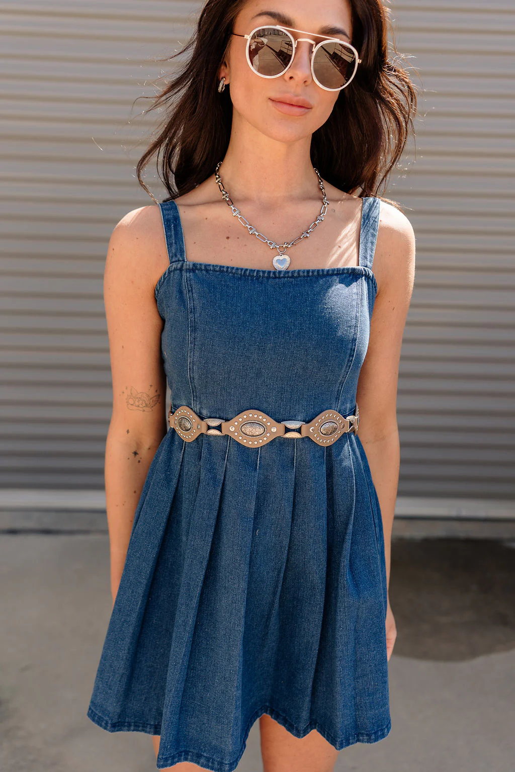 Sonya Dark Denim Pleated Skirt Mini Dress - Image 5