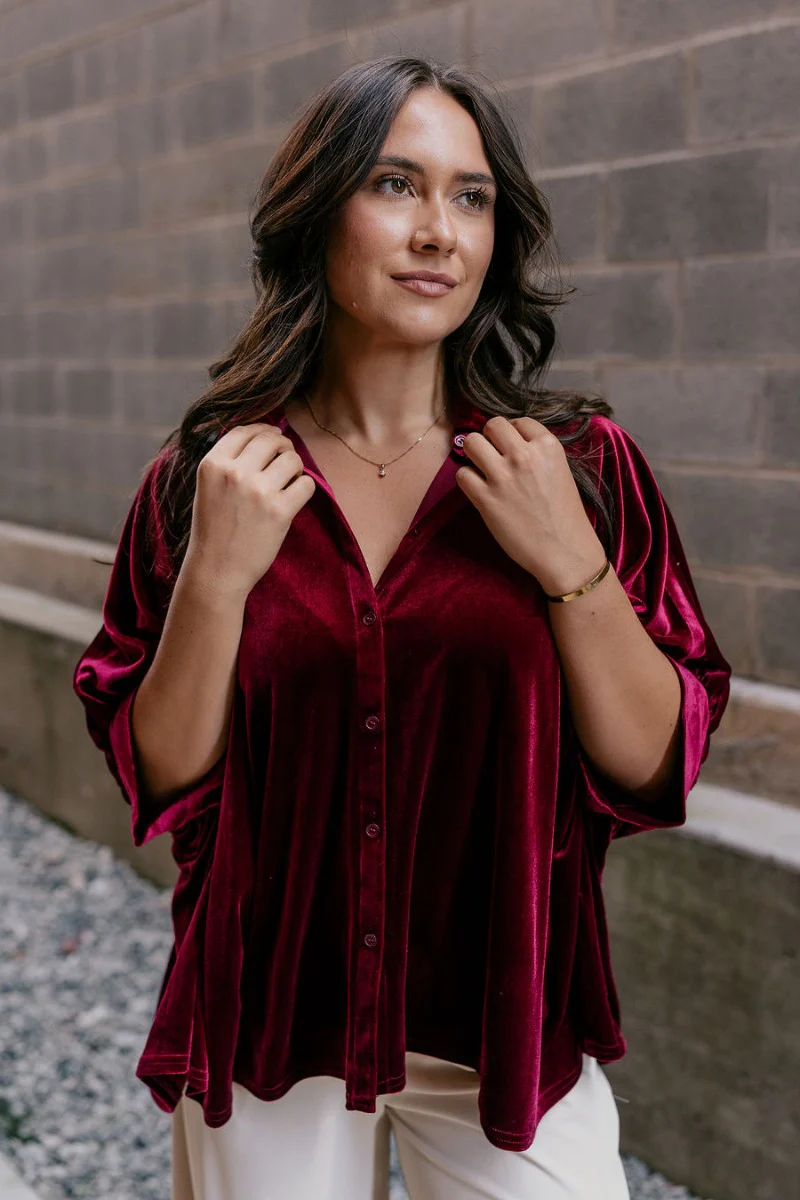 Sophia Burgundy Velvet Short Sleeve Top - Image 6