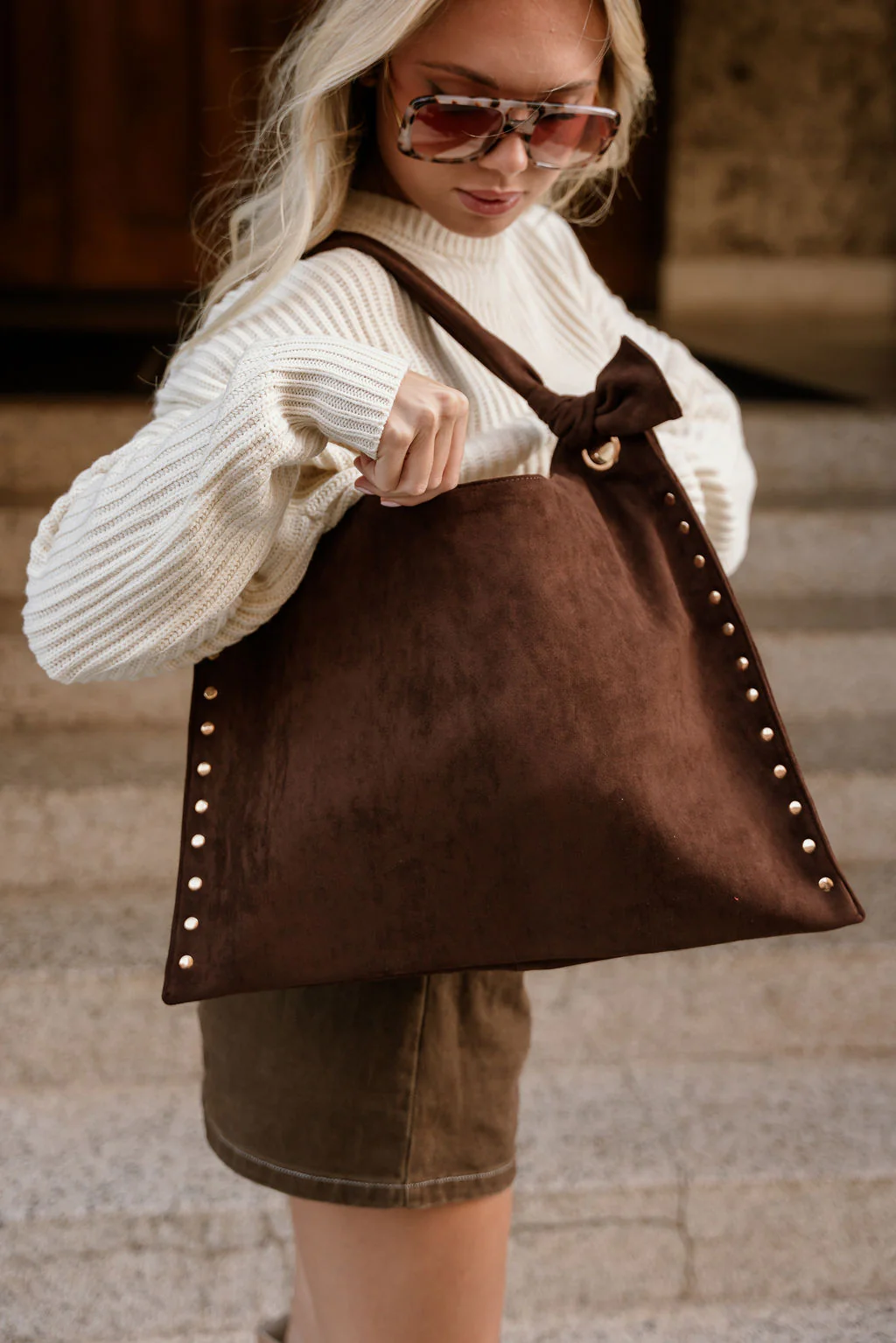 Sophia Dark Brown Suede & Studs Tote