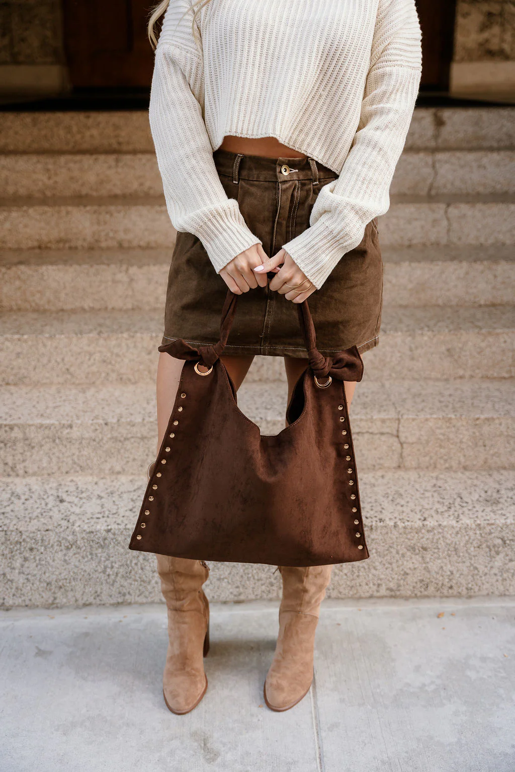 Sophia Dark Brown Suede & Studs Tote - Image 2