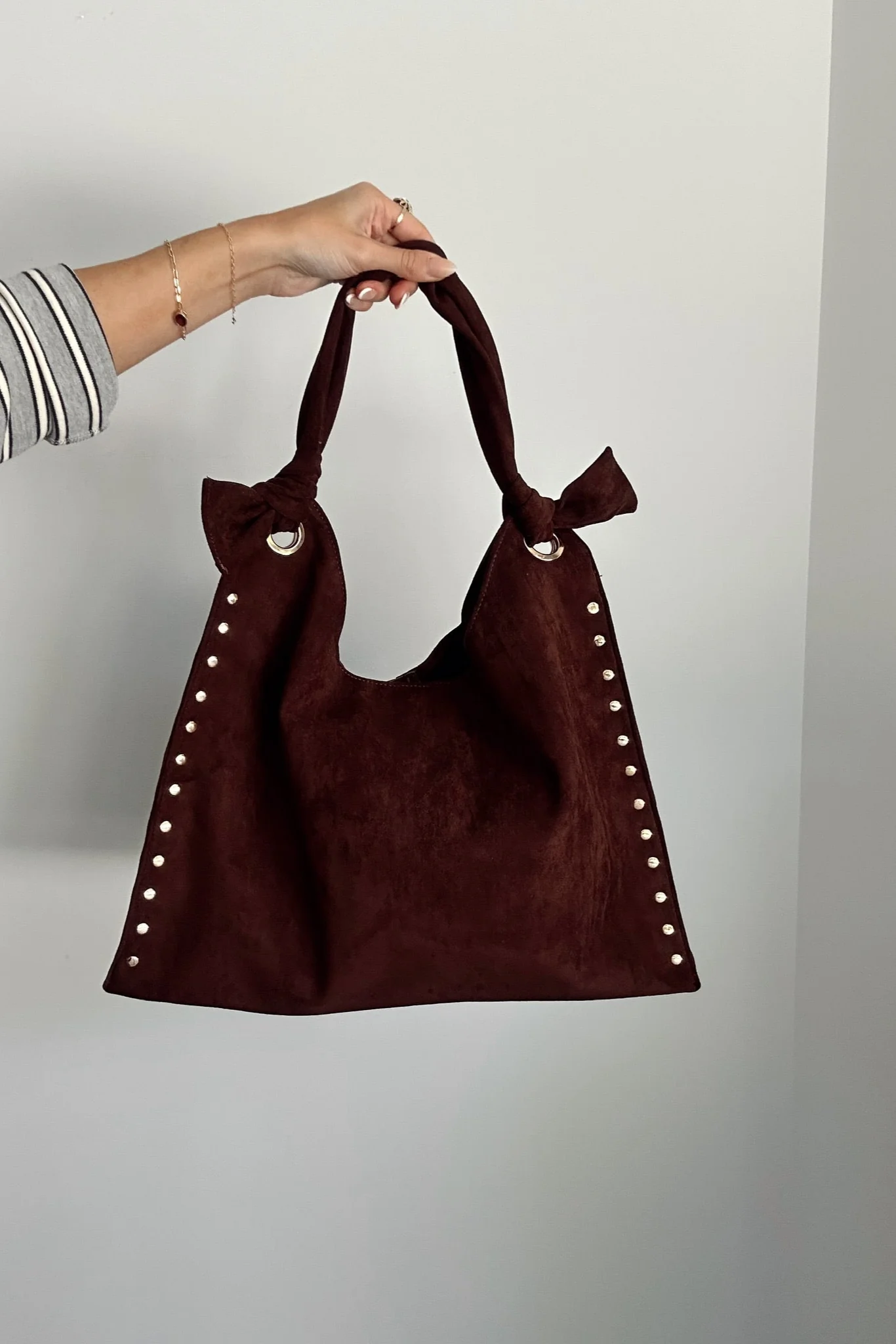 Sophia Dark Brown Suede & Studs Tote - Image 3