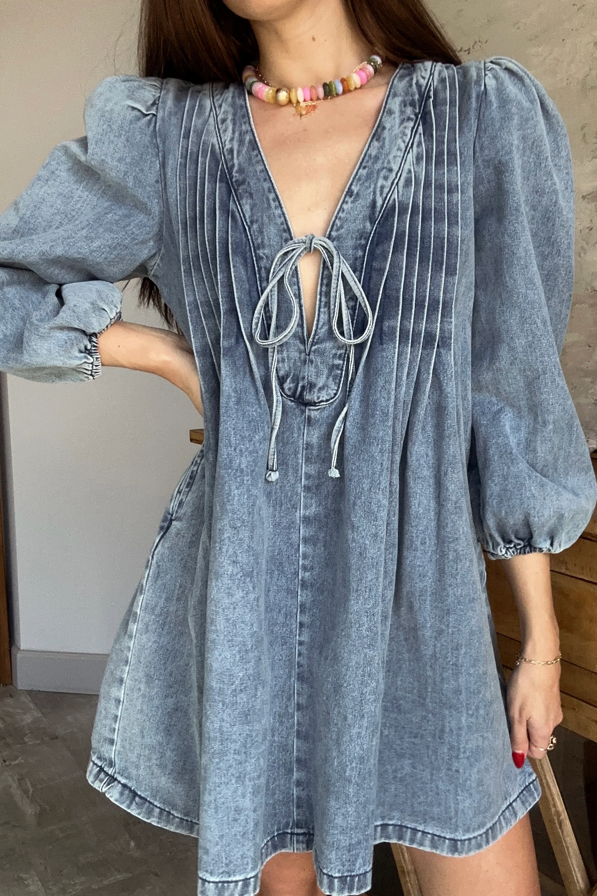 Sophia Denim Pleated Bow Mini Dress