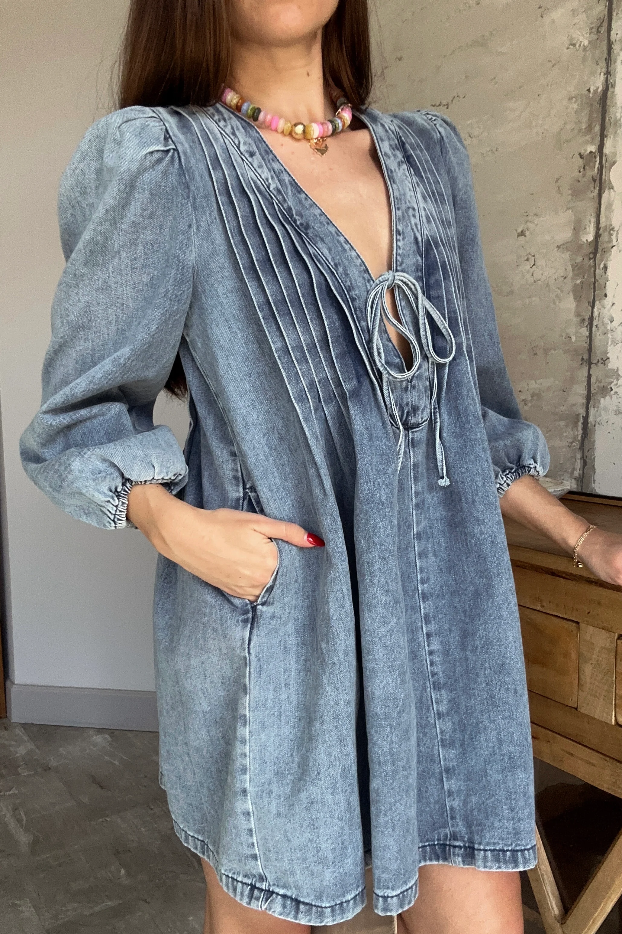 Sophia Denim Pleated Bow Mini Dress - Image 2