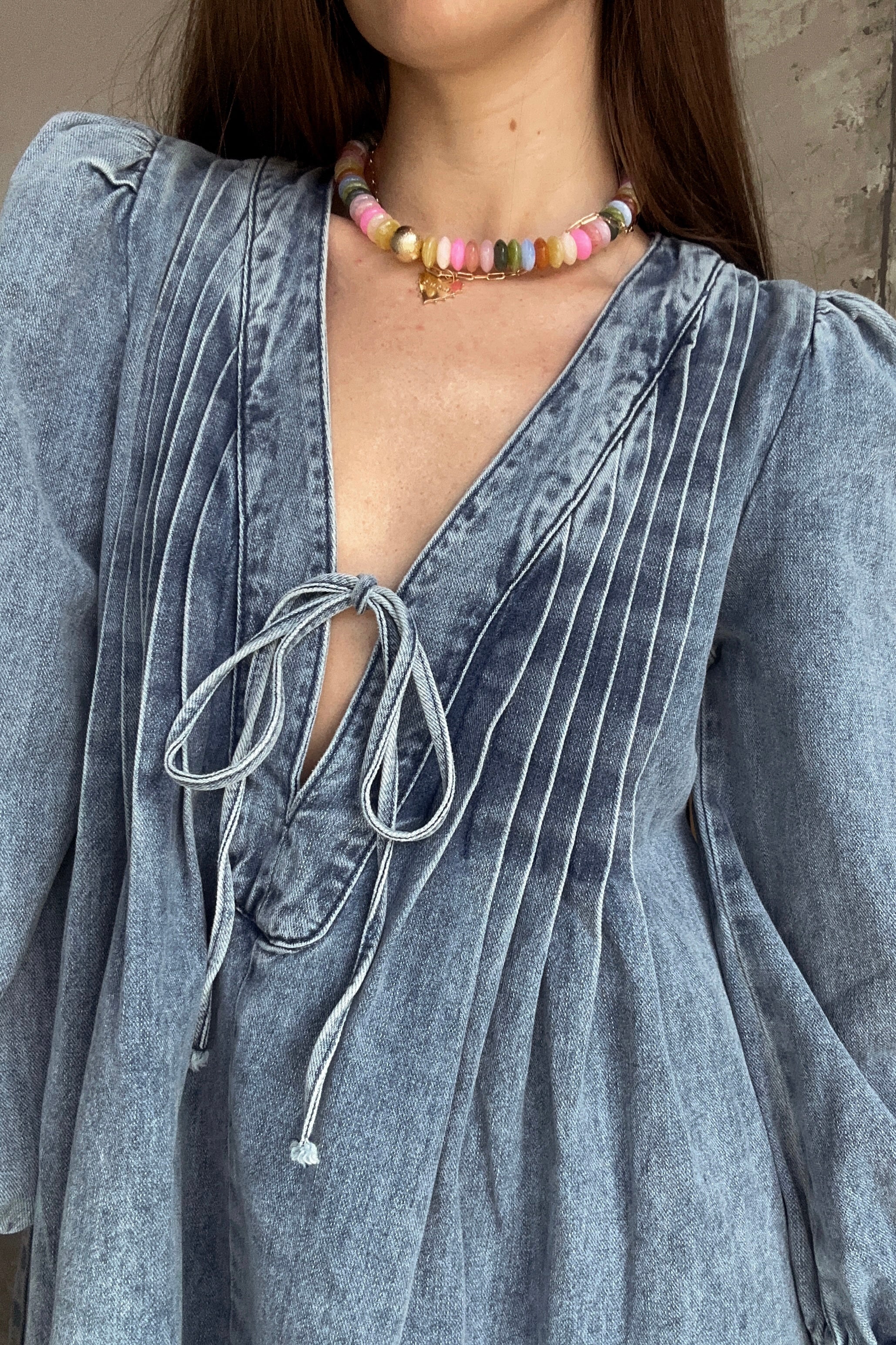 Sophia Denim Pleated Bow Mini Dress - Image 3