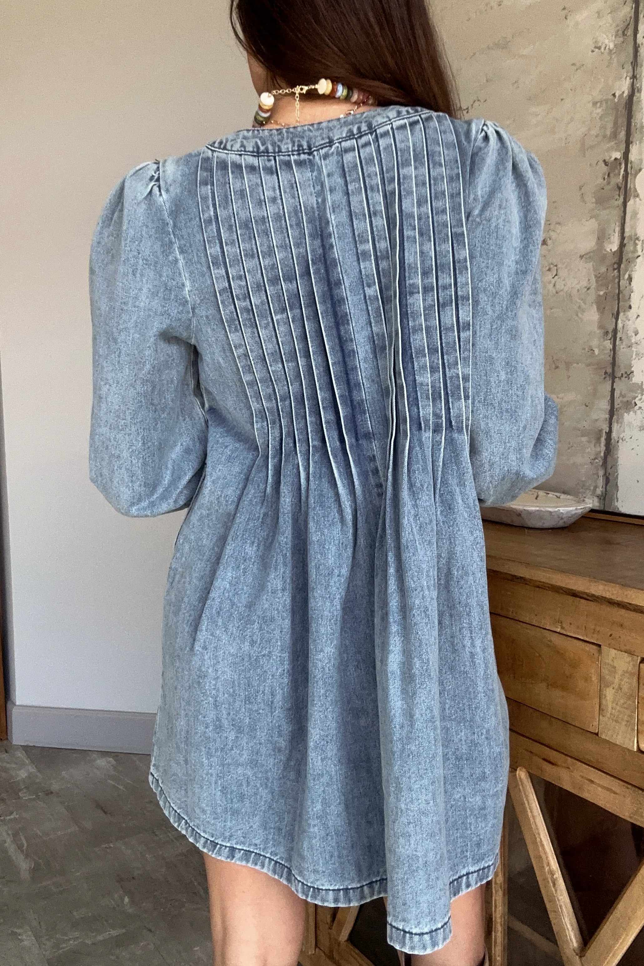 Sophia Denim Pleated Bow Mini Dress - Image 4