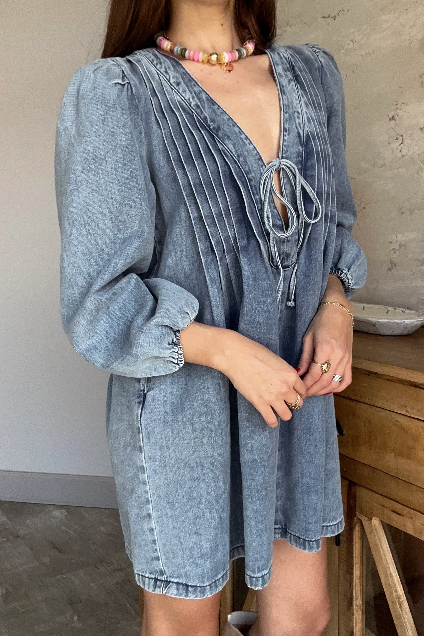 Sophia Denim Pleated Bow Mini Dress - Image 5