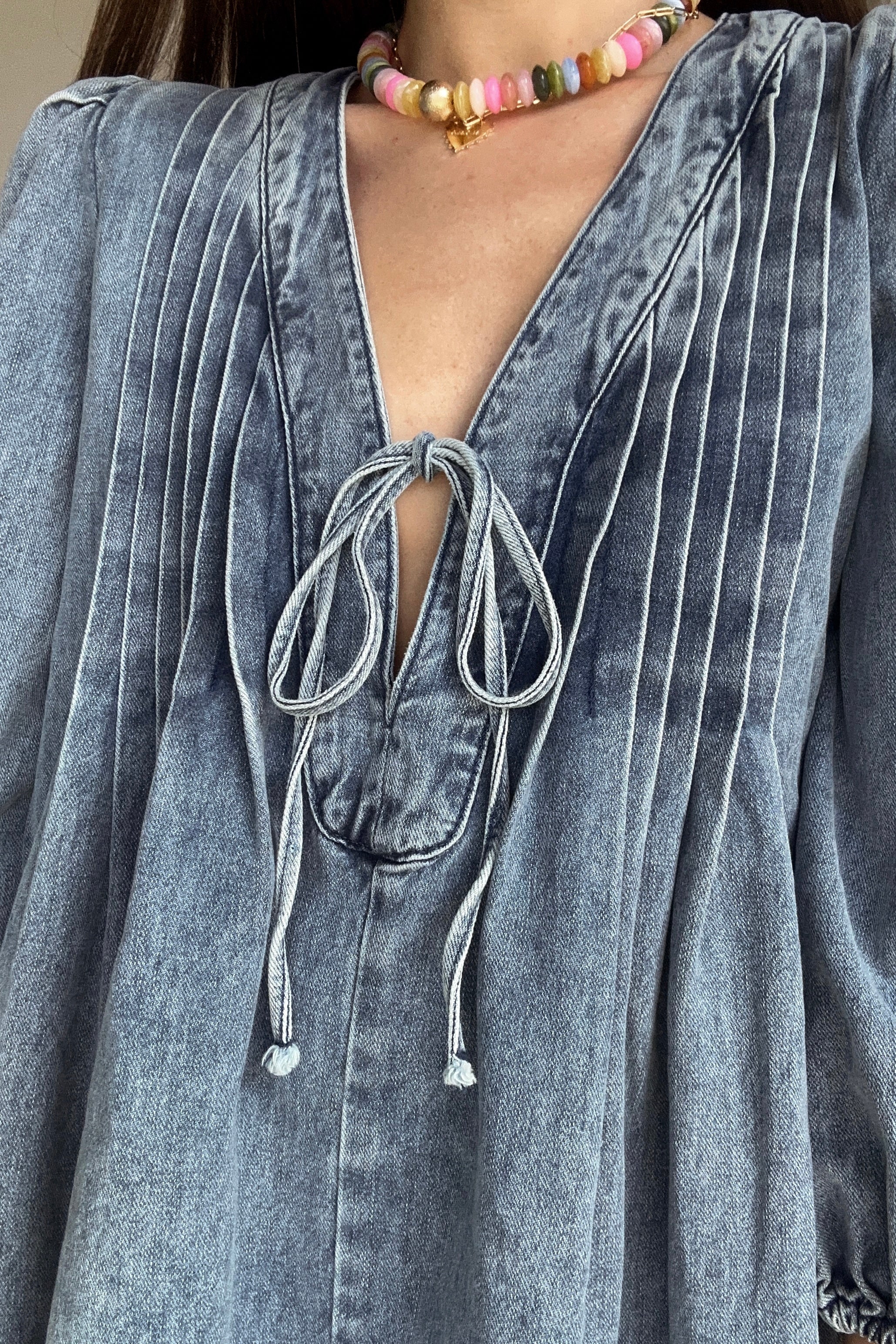 Sophia Denim Pleated Bow Mini Dress - Image 6