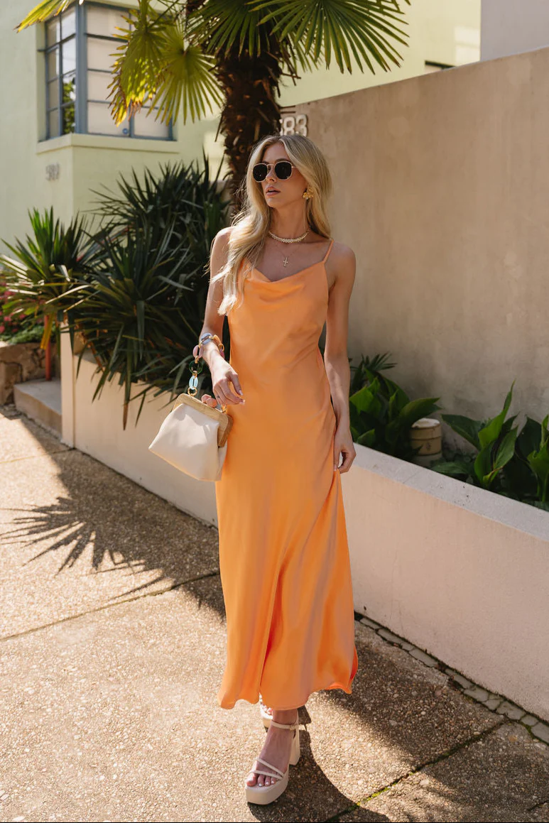 Sophia Orange Satin Midi Dress - Image 10