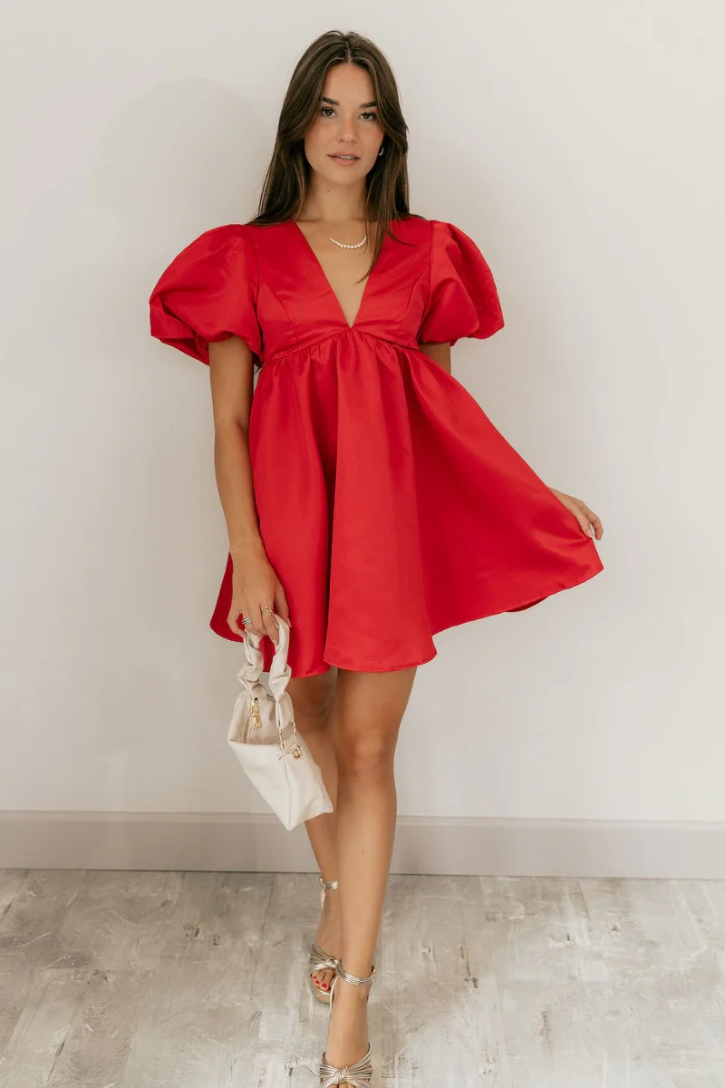 Sophia Red Satin Short Puff Sleeves Mini Dress
