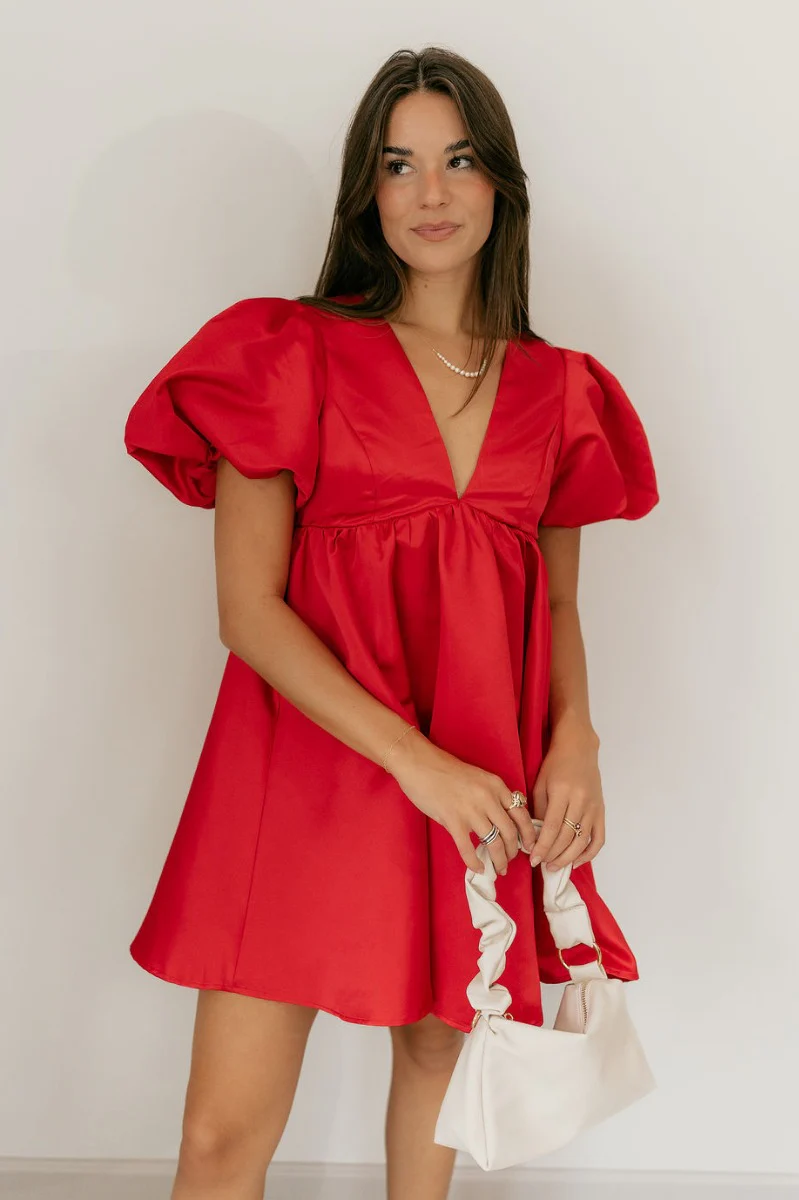 Sophia Red Satin Short Puff Sleeves Mini Dress - Image 2
