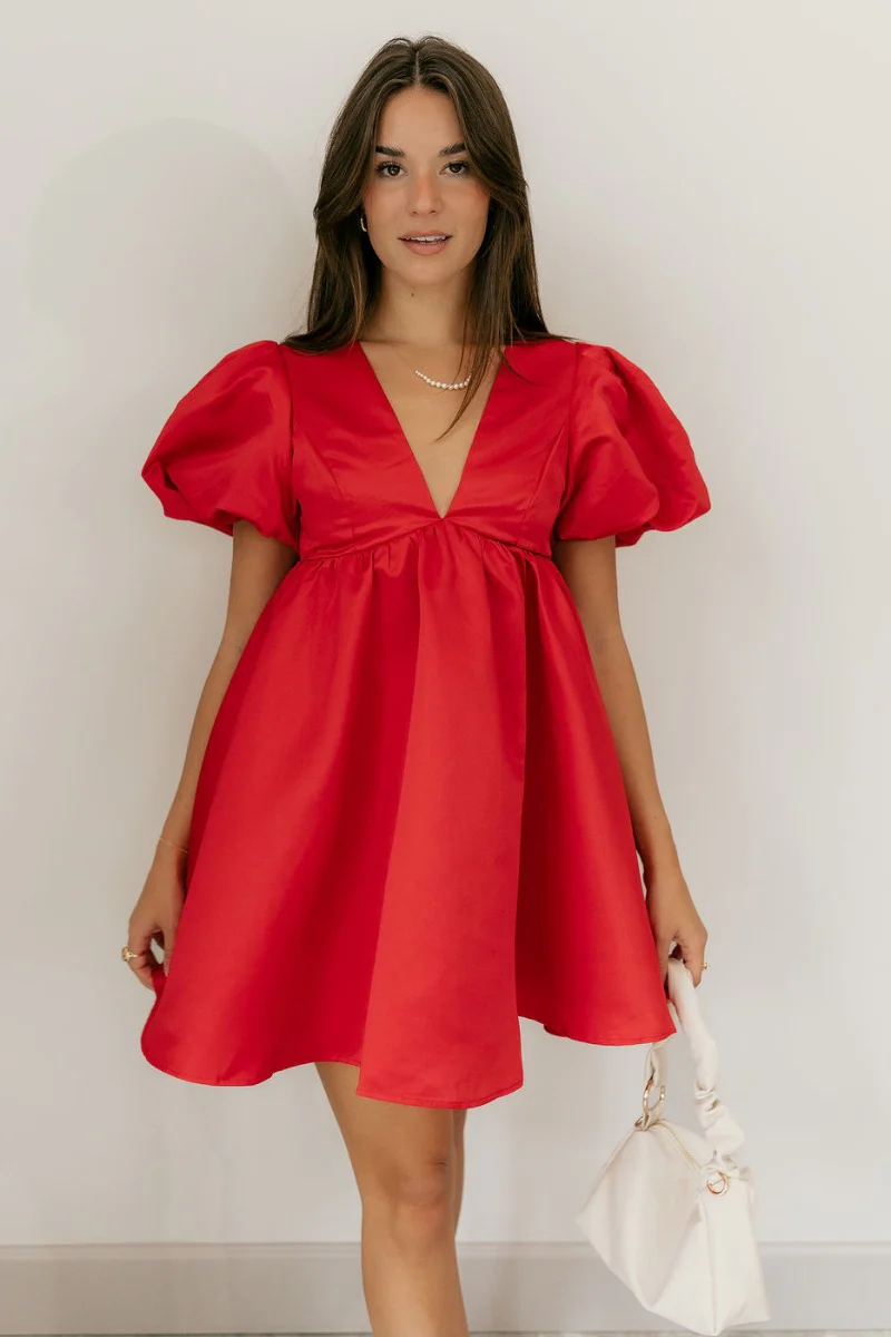 Sophia Red Satin Short Puff Sleeves Mini Dress - Image 3