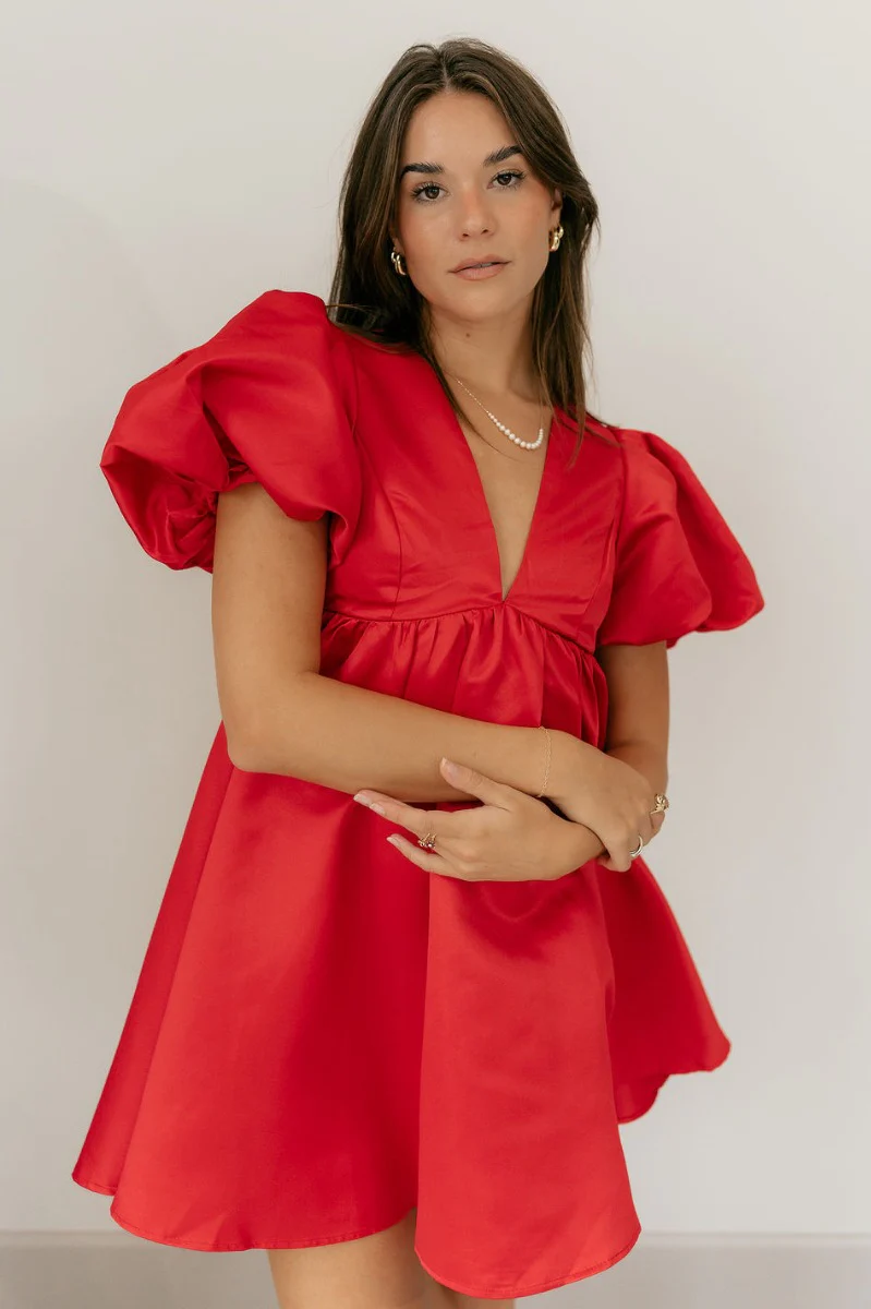 Sophia Red Satin Short Puff Sleeves Mini Dress - Image 4