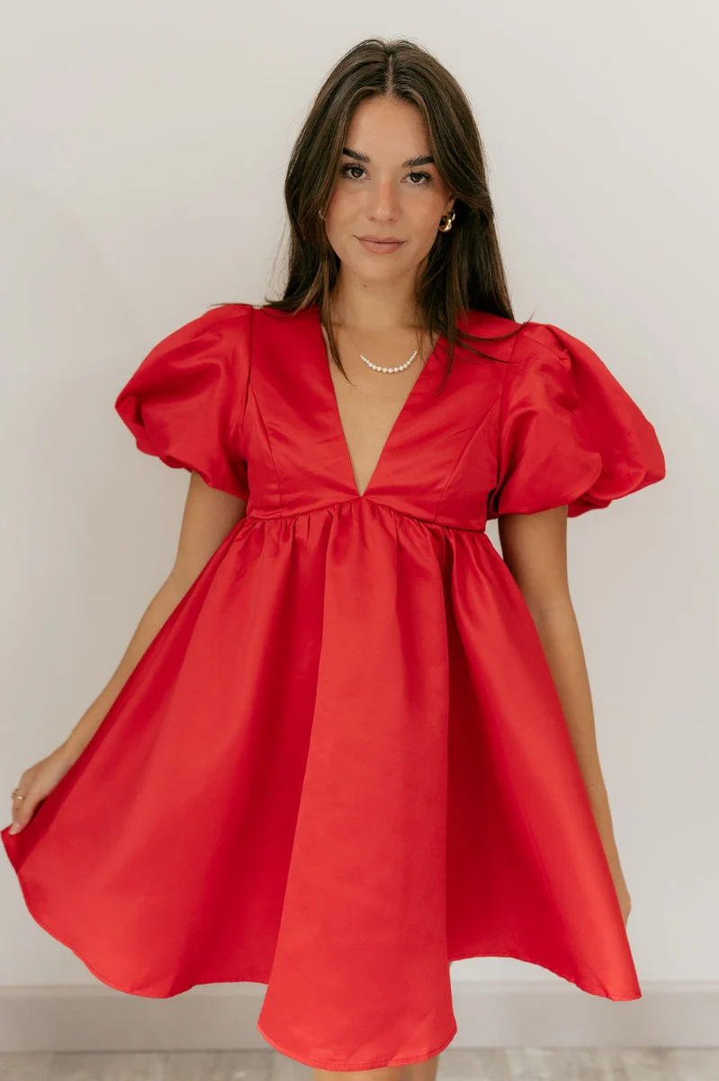 Sophia Red Satin Short Puff Sleeves Mini Dress - Image 5