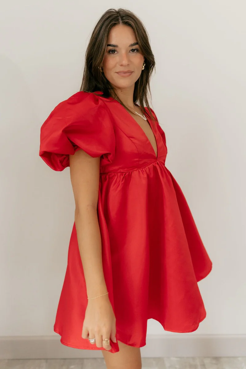 Sophia Red Satin Short Puff Sleeves Mini Dress - Image 6