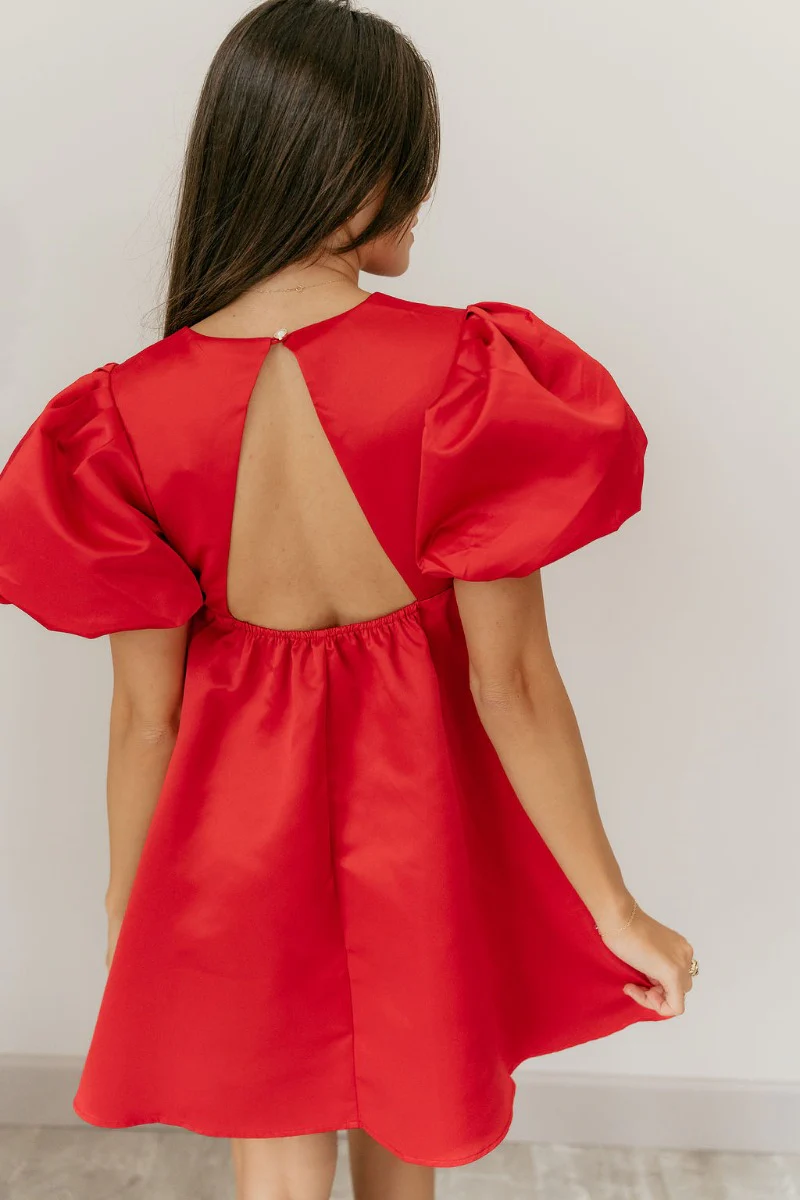 Sophia Red Satin Short Puff Sleeves Mini Dress - Image 7
