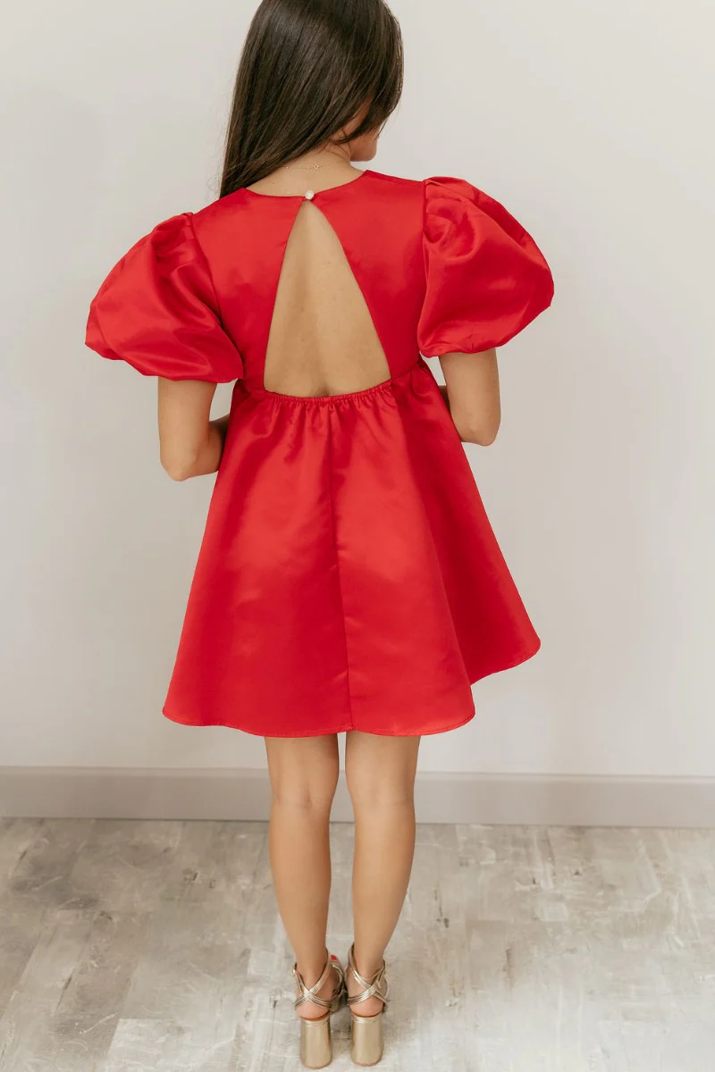 Sophia Red Satin Short Puff Sleeves Mini Dress - Image 8