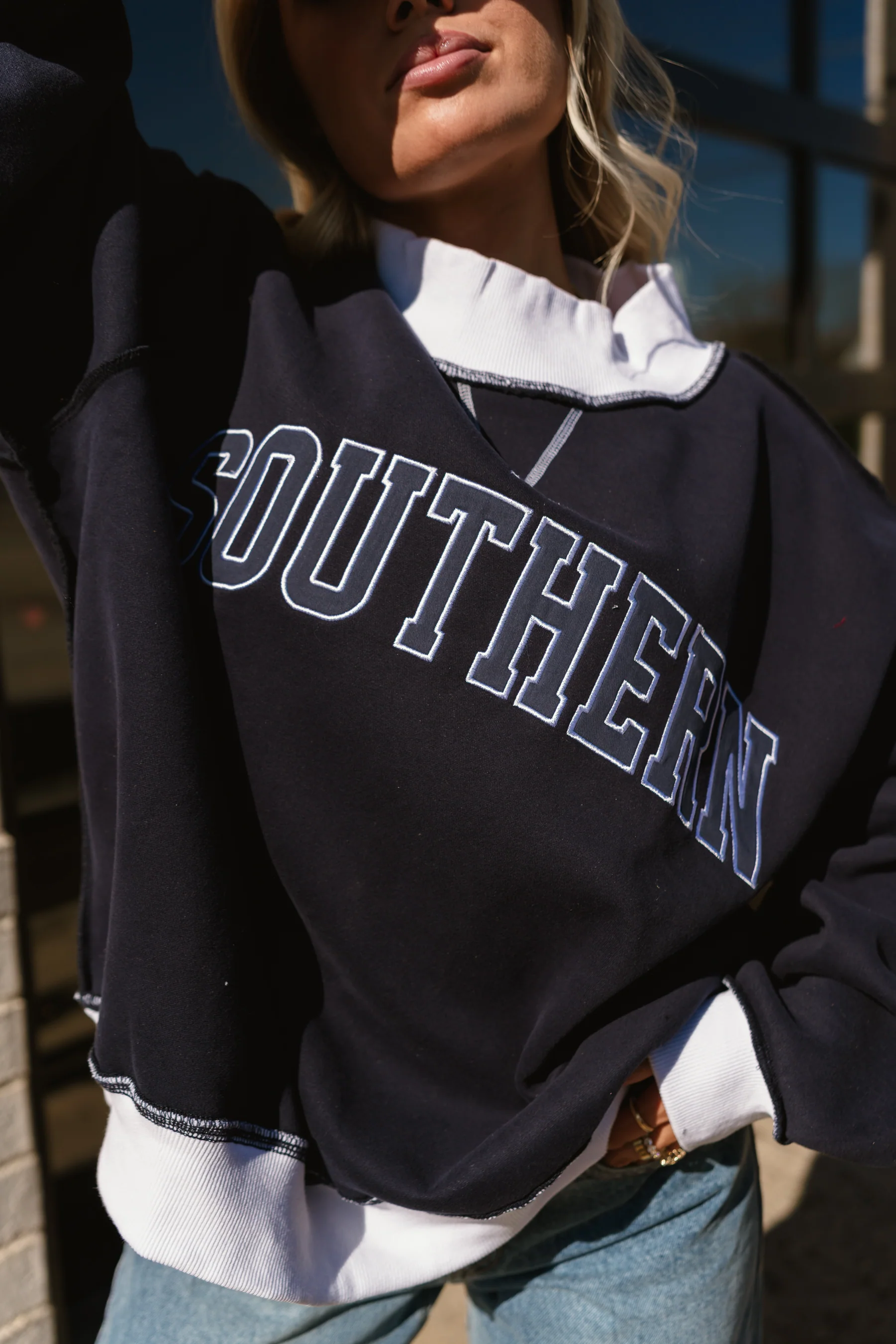 Southern Navy Blue & White Mock Neck Sweatshirt - Image 2