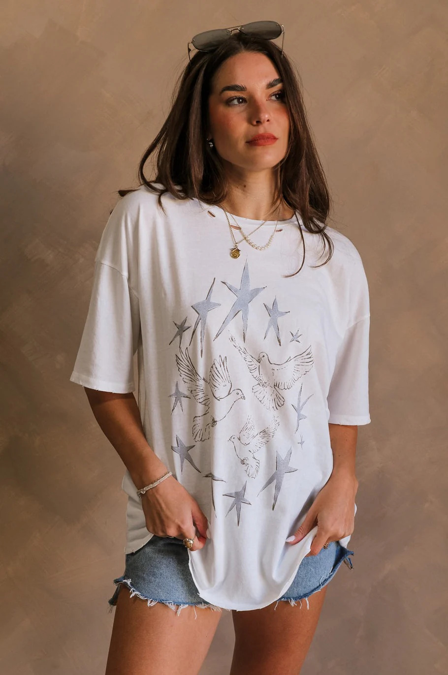 Stars and Birds White Distressed Graphic Top