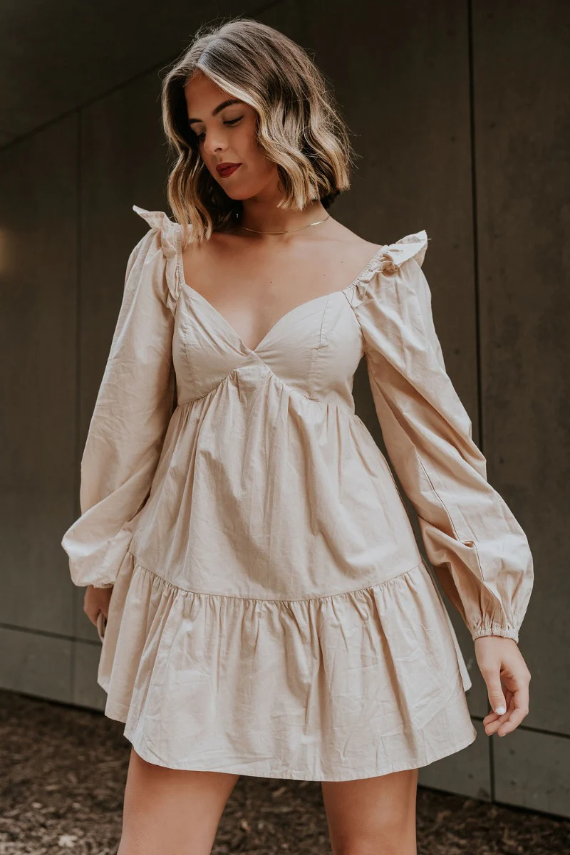Stella Beige Long Sleeve Mini Dress