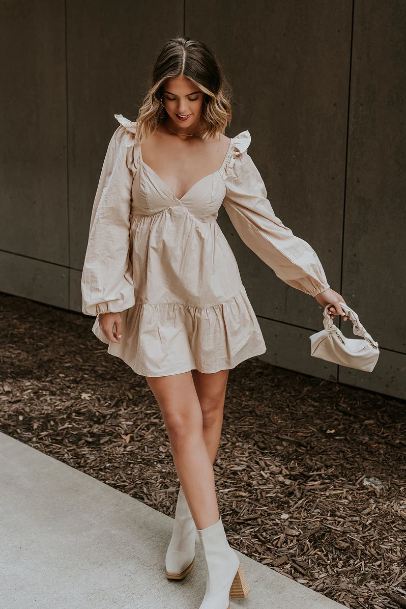 Stella Beige Long Sleeve Mini Dress - Image 2
