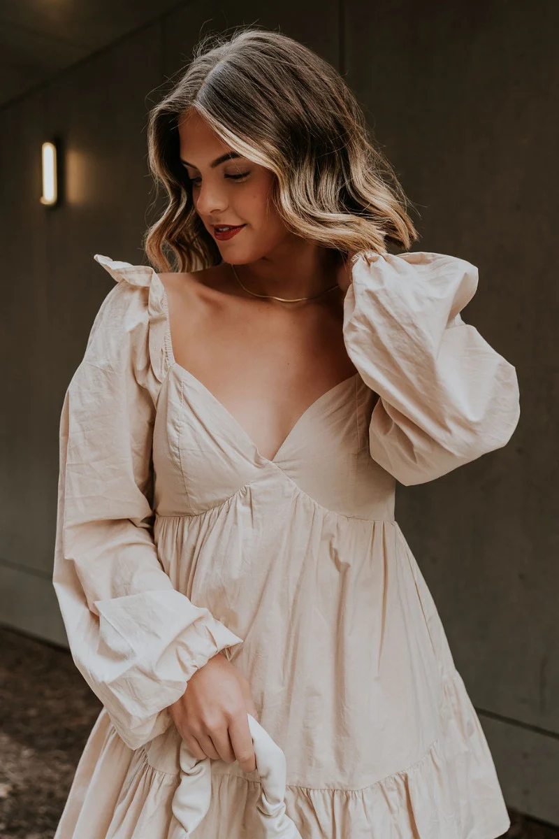 Stella Beige Long Sleeve Mini Dress - Image 7