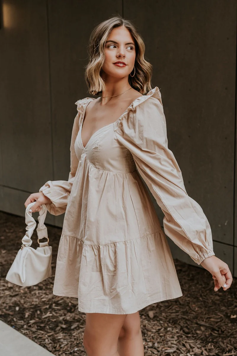 Stella Beige Long Sleeve Mini Dress - Image 9