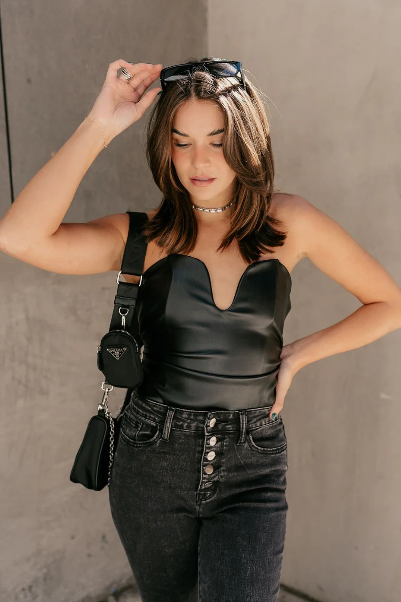 Stella Black Faux Leather Strapless Top - Image 5