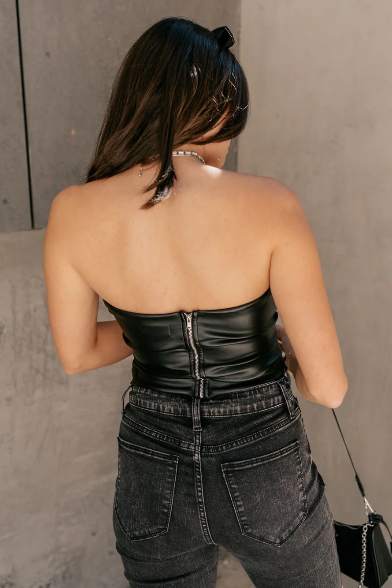 Stella Black Faux Leather Strapless Top - Image 8