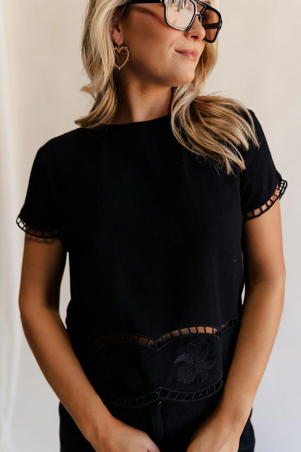 Stella Black Floral Trim Short Sleeve Top - Image 2