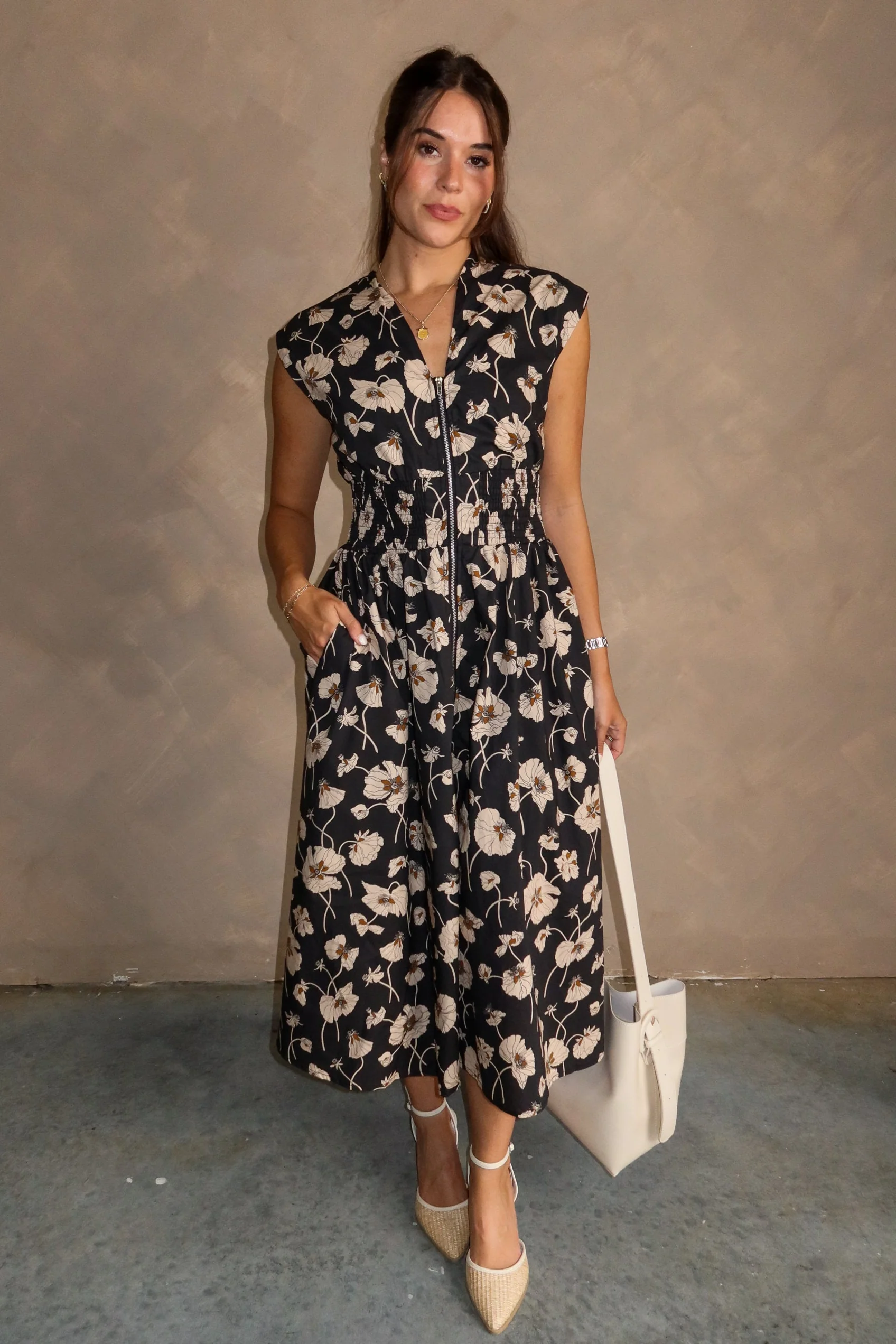 Stella Black Floral Zip-Up Midi Dress